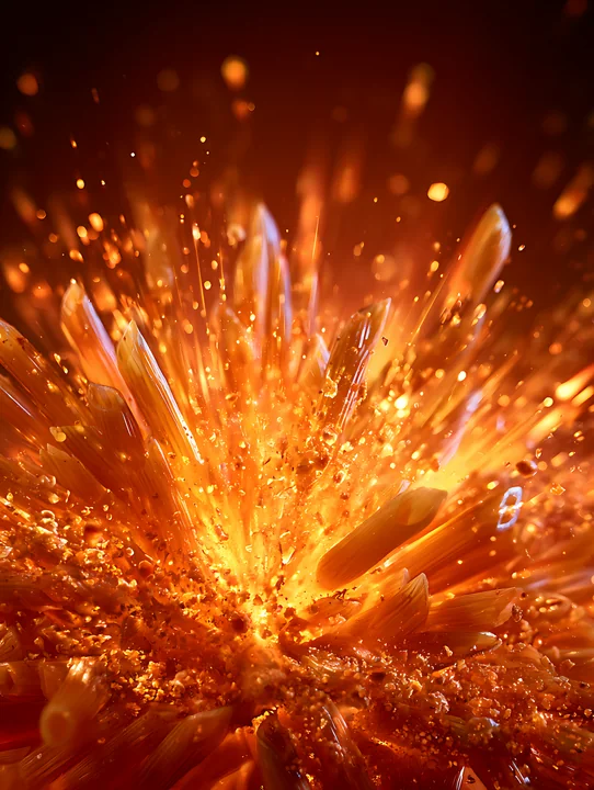 A vivid explosion releases orange sparks and glowing particles, creating a dynamic display of energy.