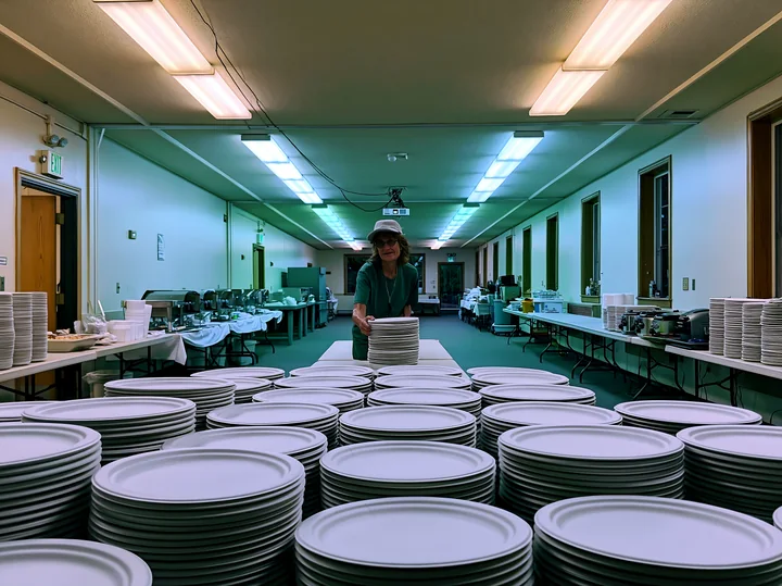 A volunteer stacks plates in a community center where a charity event buffet is set up.