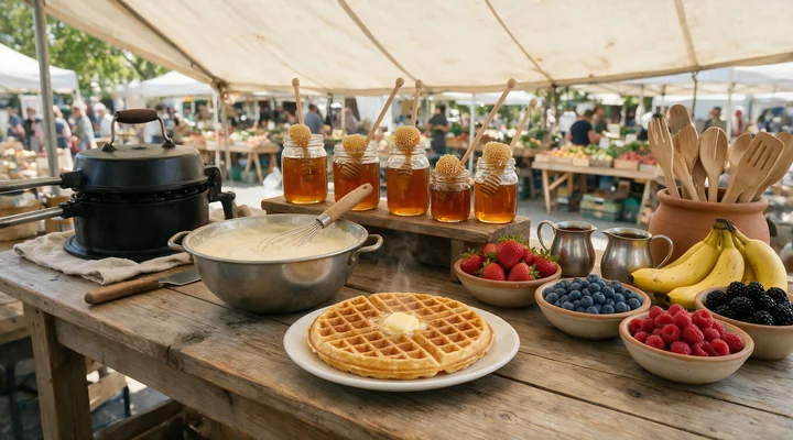 A waffle buffet station displays fresh waffles alongside jars of syrup and bowls of fruit in an open market setting.