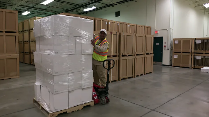 A warehouse worker moves stacked boxes using a pallet jack in a storage facility.