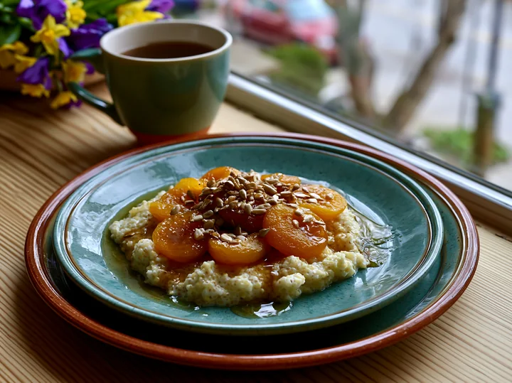 A warm bowl of oats topped with apricots and seeds sits on a table near a window, accompanied by a cup of tea.