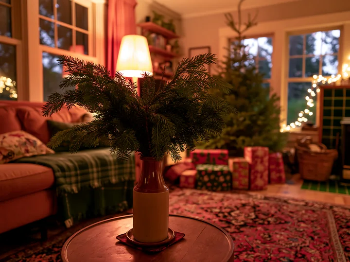 A warm Christmas living room features a small arrangement of natural greenery in a vase, a decorated tree, and wrapped gifts nestled on a colorful rug.