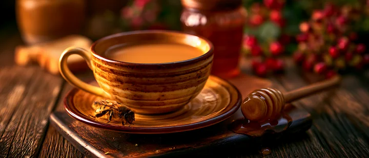A warm cup of tea is placed on a wooden surface beside honey and a bee.