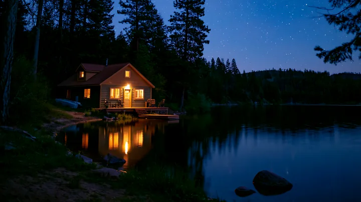 A warm-lit cabin sits beside a calm lake, surrounded by tall trees under a clear night sky full of stars.