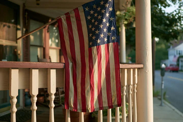 A weathered American flag hangs from a porch railing under warm sunlight.