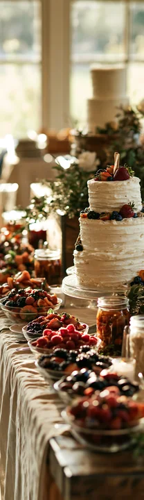 A wedding cake is displayed on a table surrounded by fresh berries in jars.