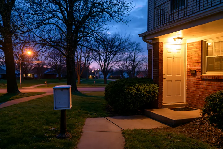 A well-lit apartment doorstep features an insulated milk delivery box, surrounded by grass and shrubbery, during the early evening hours.