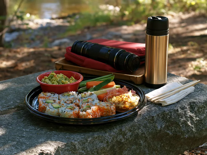 A well-prepared sushi picnic lunch outdoors features a variety of sushi rolls, a bowl of guacamole, and fresh vegetables.