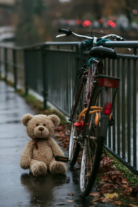 A wet teddy bear sits beside a parked bicycle on a wet path with rain falling.