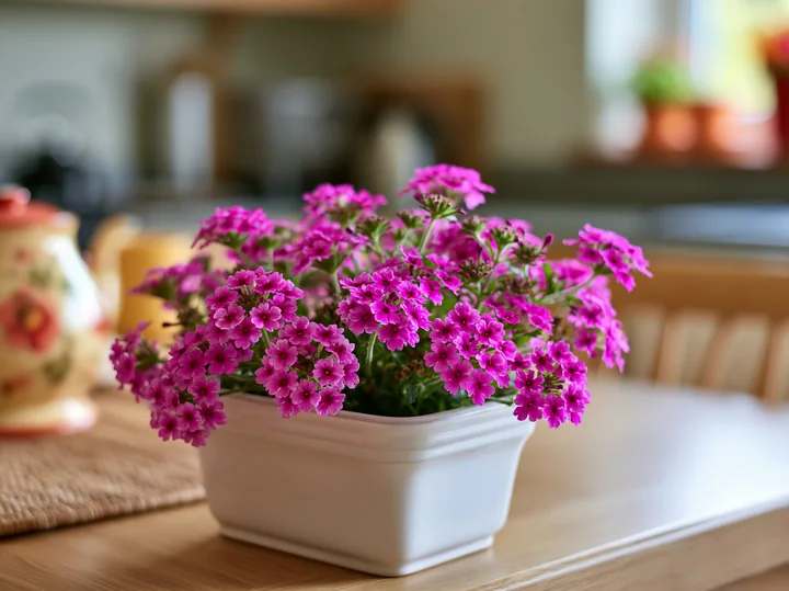 A white container holds bright verbena flowers in a kitchen setting.