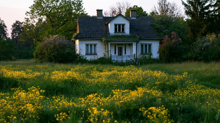 A white countryside house is set in a field of yellow flowers under a clear sky.