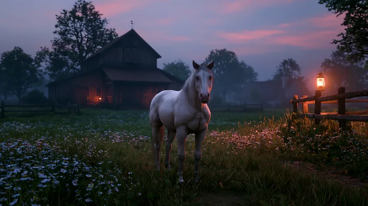 A white horse stands in a grassy area near a stable that is softly lit by lanterns, surrounded by trees and flowers during dusk.