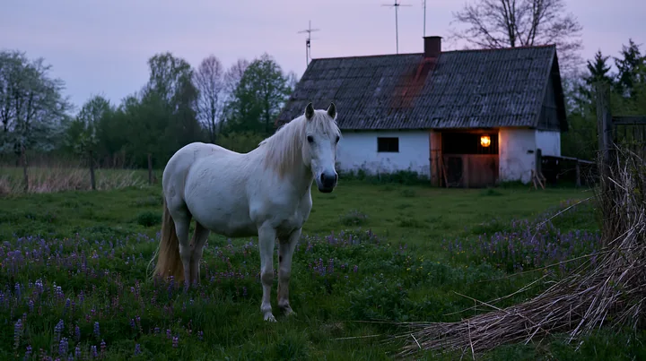 A white horse stands in a grassy field near a stable that has a lantern glowing in the doorway.