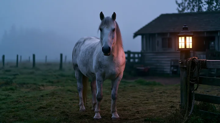 A white horse stands near a stable with a glowing lantern as dusk settles in.