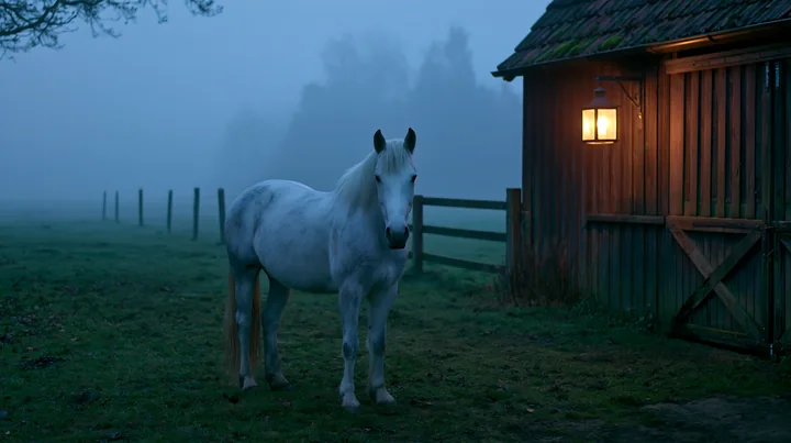 A white horse stands outside a stable, illuminated by warm light from a lantern.