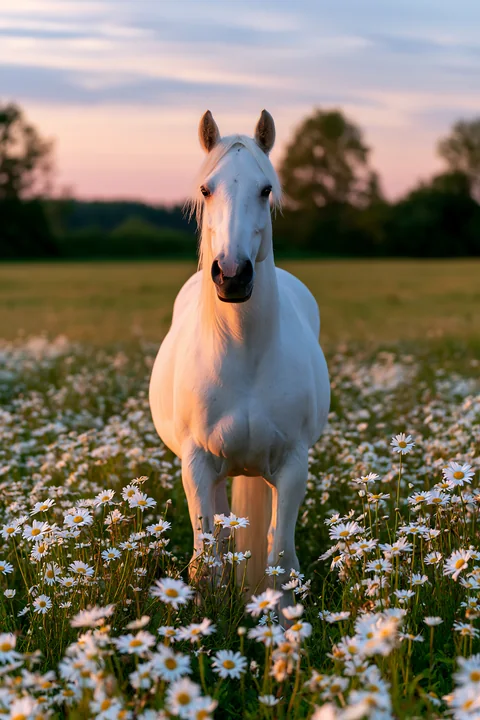 A white horse stands tall in a spring meadow surrounded by blooming daisies.