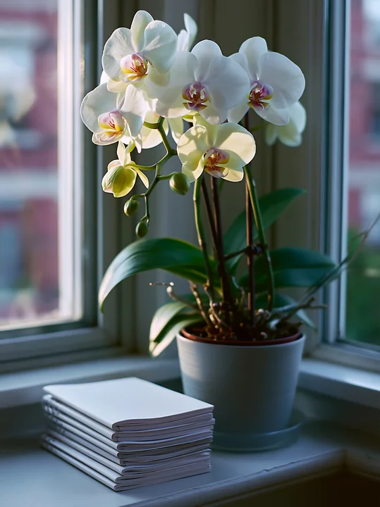 A white orchid flower on a windowsill, with a stack of blank notebooks beside the plant.