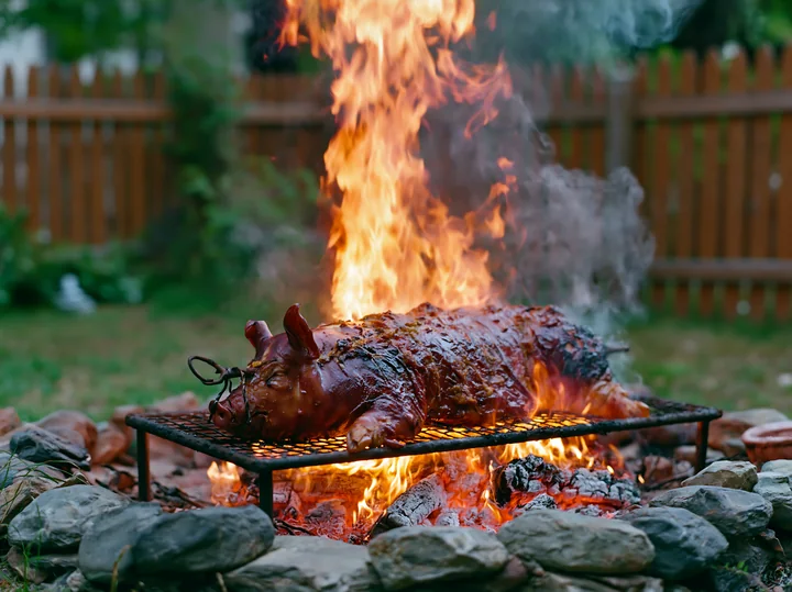 A whole pig is roasting over an open fire surrounded by flames and smoke in a backyard setting.
