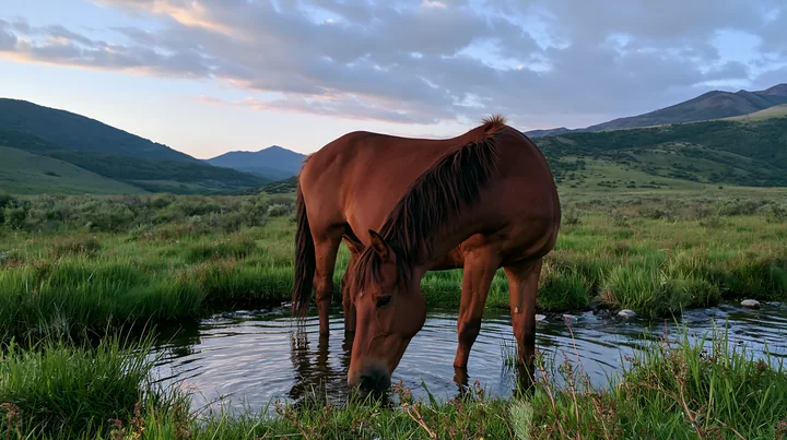 A wild horse drinks from a natural spring surrounded by grass and hills.