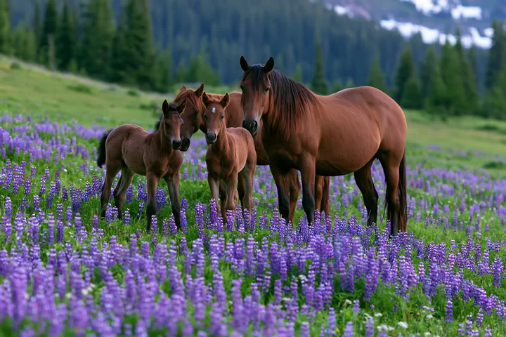 A wild horse family grazes together in a colorful field filled with blooming flowers.