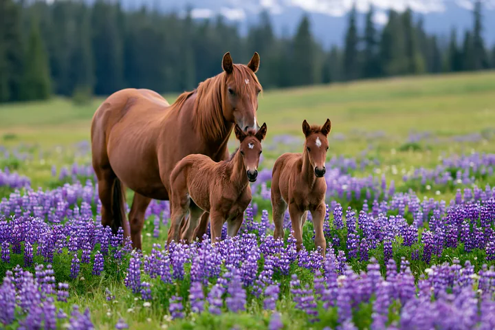 A wild horse family grazing together in a vibrant field filled with purple flowers.