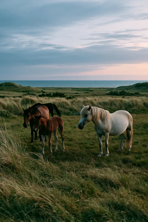 A wild horse family grazing together in an open field at dusk, with two adult horses and two young foals.