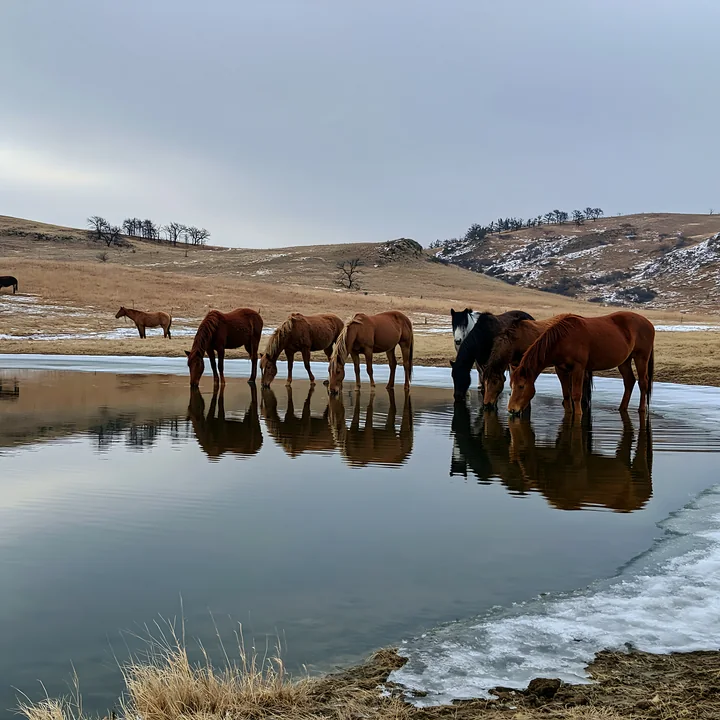 A wild horse herd reflected in pond stands at the water's edge in a grassy area during winter.