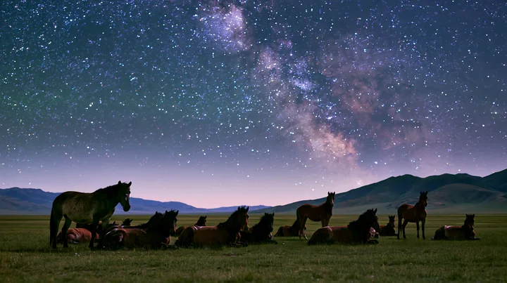 A wild horse herd silhouetted against stars graze and rest under a clear night sky, with a backdrop of mountains and the Milky Way shining brightly.