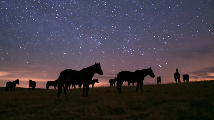 A wild horse herd stands in a field under a sky filled with stars.