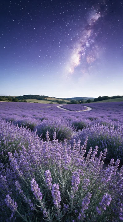 A winding path runs through a lavender field under a starry night.