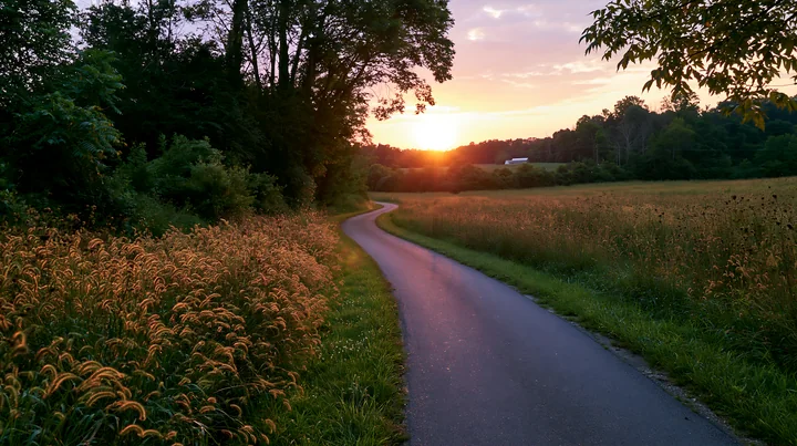 A winding road curves beside a meadow as the sun sets in the background.