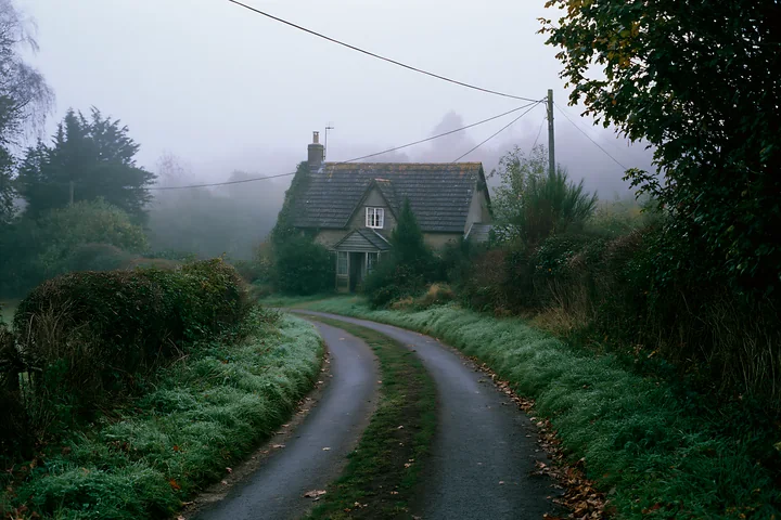 A winding road leads to a cottage set in a misty countryside, with trees and bushes surrounding the area.