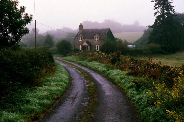 A winding road leads to a cottage surrounded by misty countryside.