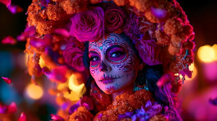 A woman adorned with vibrant flowers and intricate face paint poses for the Day of the Dead celebration.