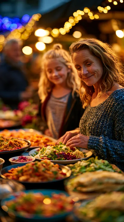 A woman and a girl prepare to enjoy colorful dishes at a lively food market filled with lights.