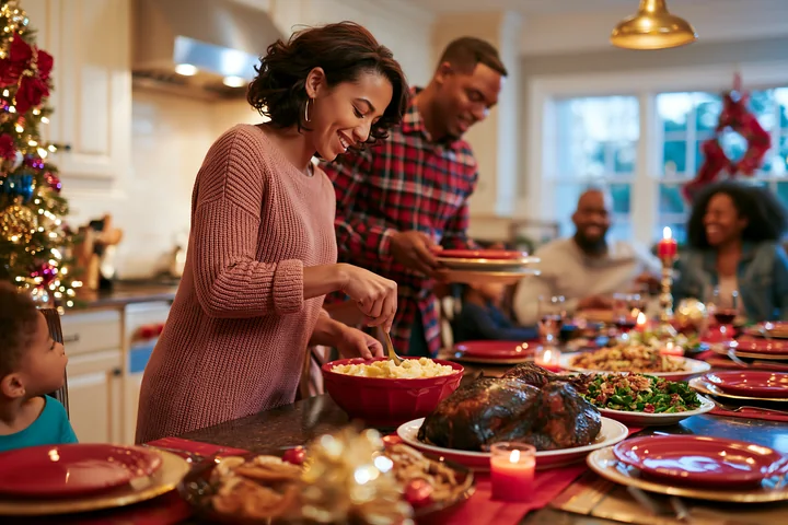 A woman and a man serve food at a Christmas dinner table while family members sit nearby.