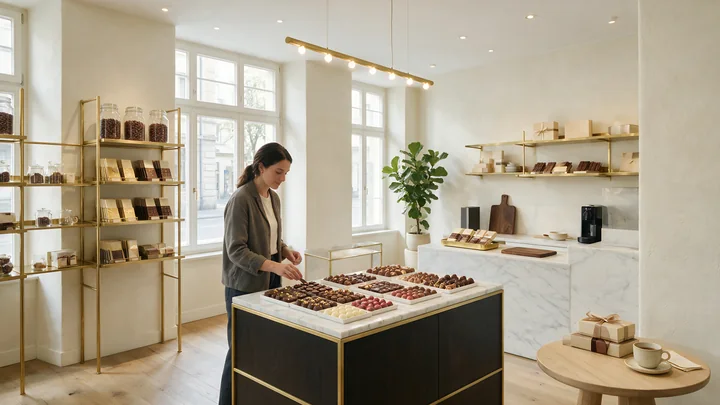 A woman arranges an assortment of chocolates in a Swiss chocolate shop interior.