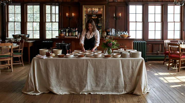 A woman arranges bowls on a rustic wooden buffet covered with a linen tablecloth in a dining room.