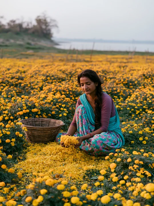 A woman gathers marigold flowers in a field at sunset.