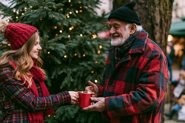 A woman hands a red mug of warm cocoa topped with marshmallows to an elderly man during a festive gathering near a decorated tree.