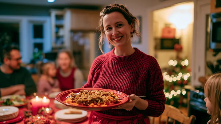 A woman holding a plate of food smiles while standing at a holiday dinner table.
