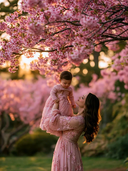 A woman holds a young girl under cherry blossom trees in full bloom.