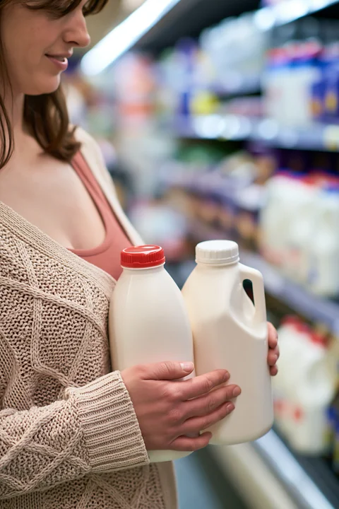 A woman holds two bottles of local milk while standing in a grocery store aisle filled with dairy products.