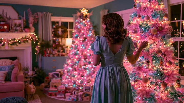 A woman in a blue dress stands in a living room decorated for Christmas with pastel decorations and two colorful trees.