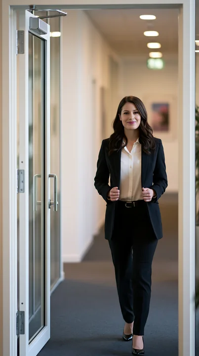 A woman in a suit walks confidently through a modern office hallway, holding her jacket.