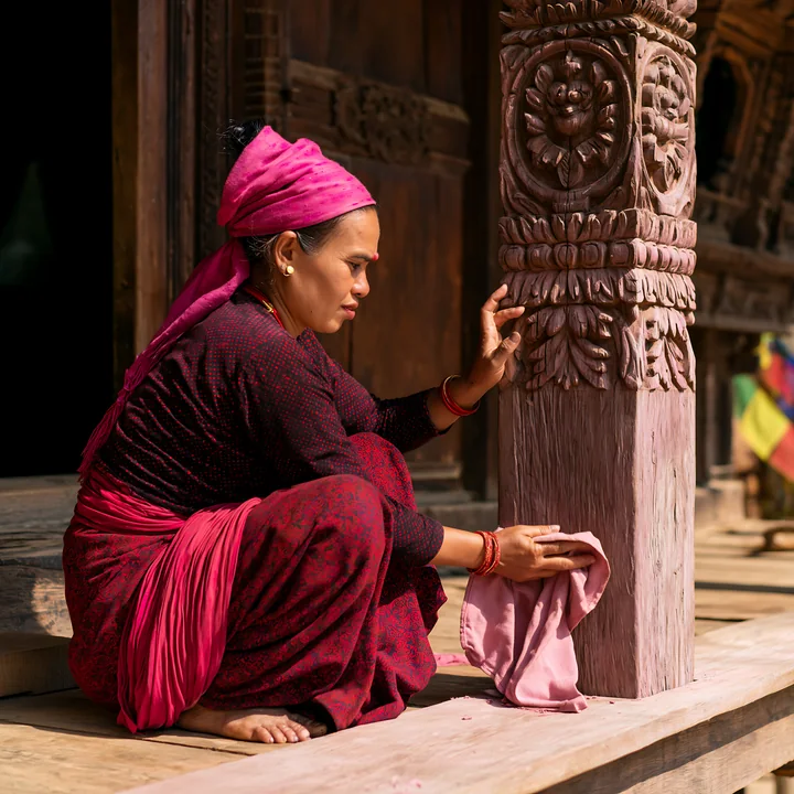 A woman in heritage attire is carefully decorating a wooden house pillar with a cloth in a traditional setting.