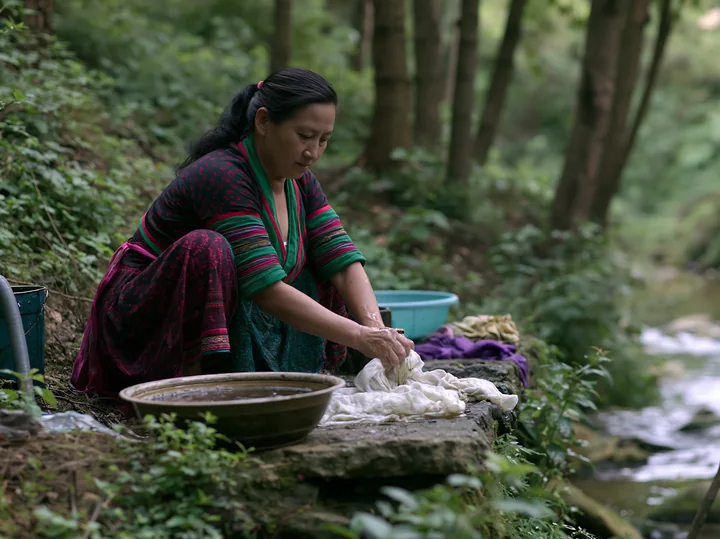 A woman in traditional clothing washes linens by a stream surrounded by trees.