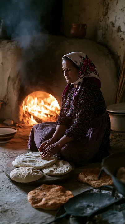 A woman in traditional dress is preparing homemade bread in a rustic kitchen.