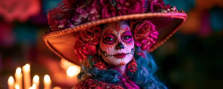 A woman in vibrant sugar skull makeup wears a large decorated hat and poses during a festive celebration.