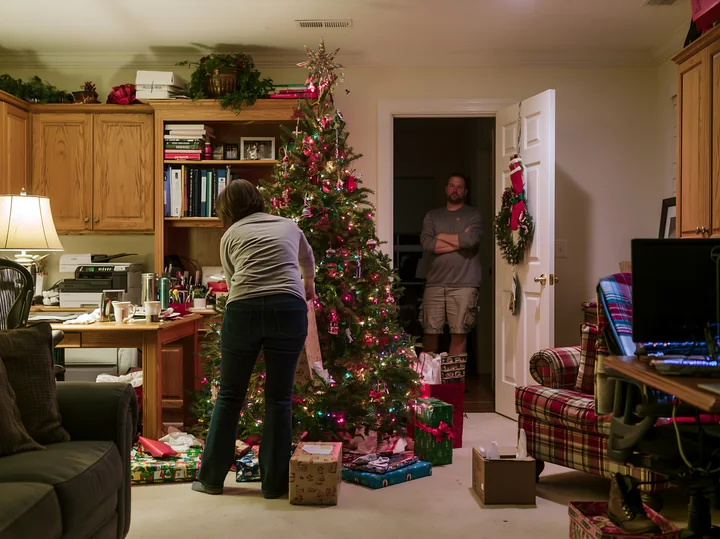 A woman is arranging gifts around a Christmas tree in a home office.
